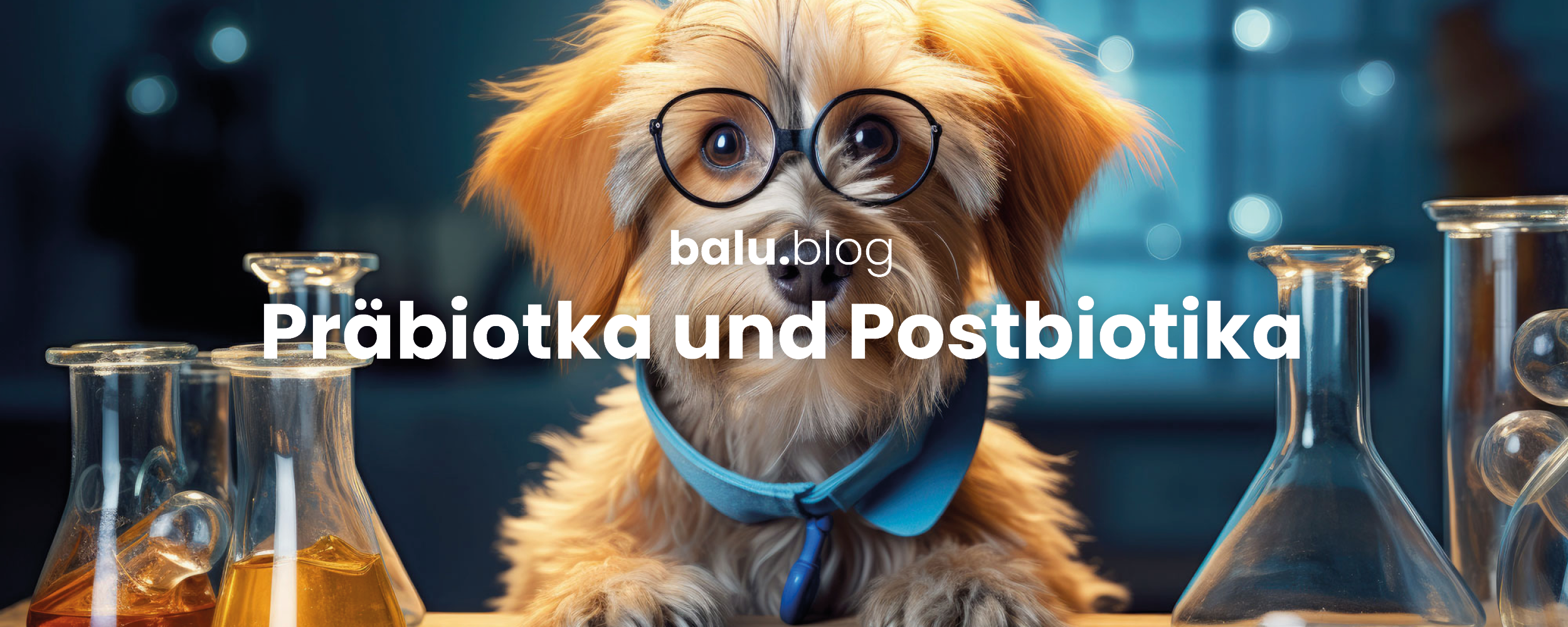 Ein schlauer Hund mit Brille sitzt im Labor